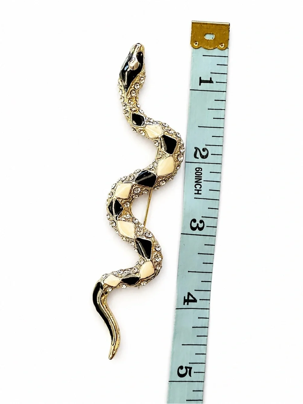 Vintage Black & Cream Enamel Snake Brooch Rhinestone Gold Tone Statement Pin